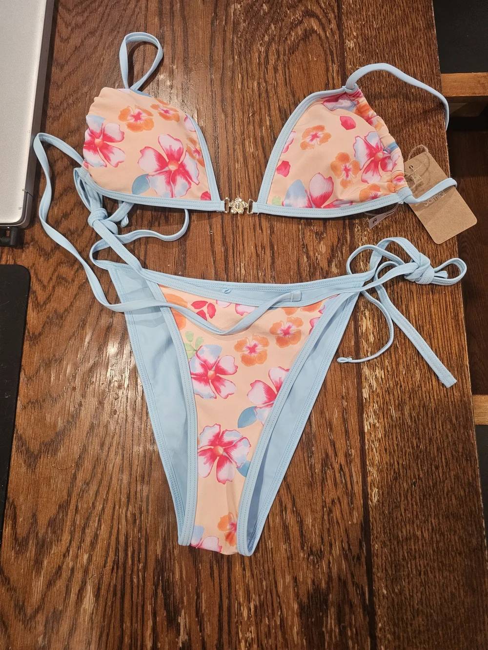 Floral Peach & Light Blue String Bikini